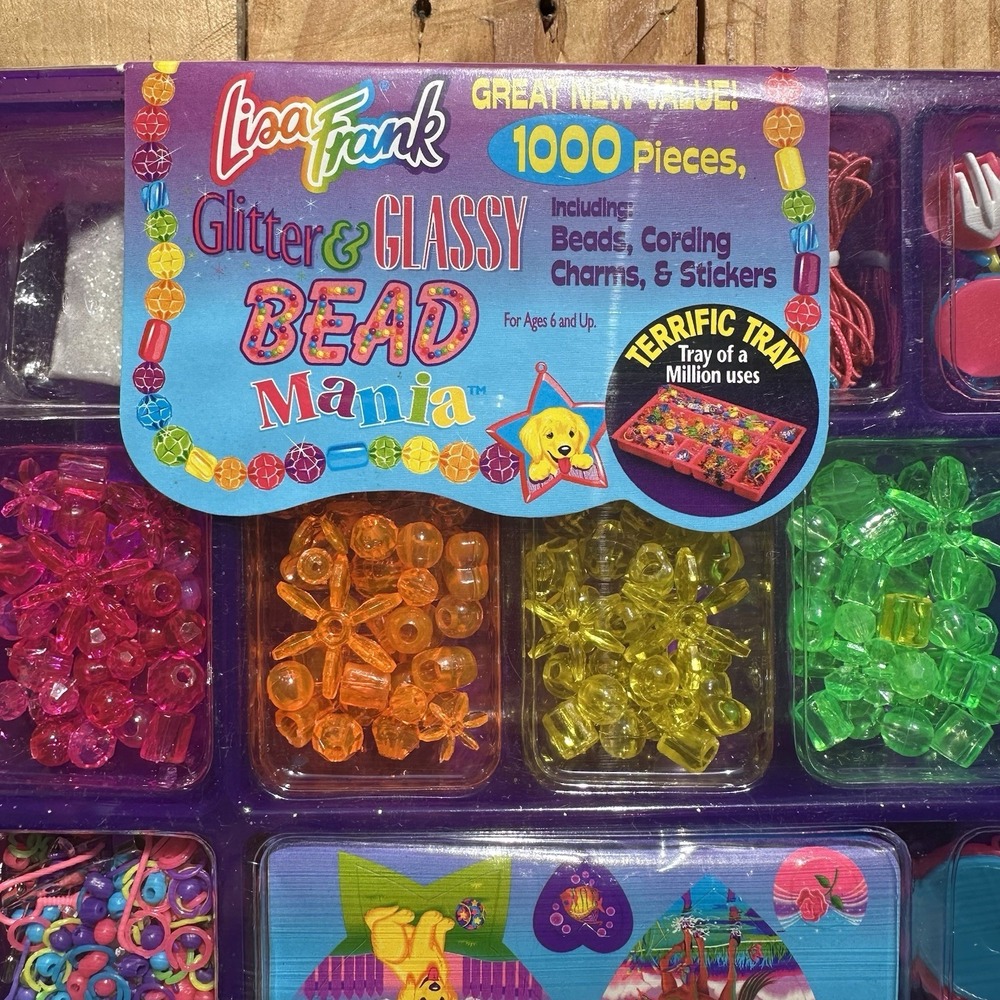 VTG LISA FRANK GLITTER & GLASSY BEAD MANIA BEADS SET MINT SEALED PURPLE TRAY - Picture 2 of 8